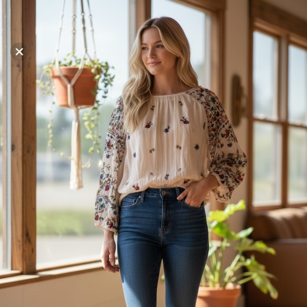 Free People Boho Embroidered Top Size Medium - Picture 1 of 4